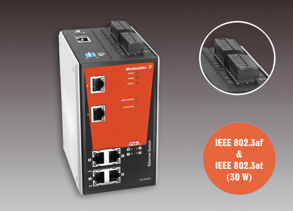 Switches Power over Ethernet da Weidmüller: switches de 6 entradas geridos e não geridos com quatro entradas PoE+. - Novos switches Ethernet industriais PoE+ para aplicações de comunicação industriais.